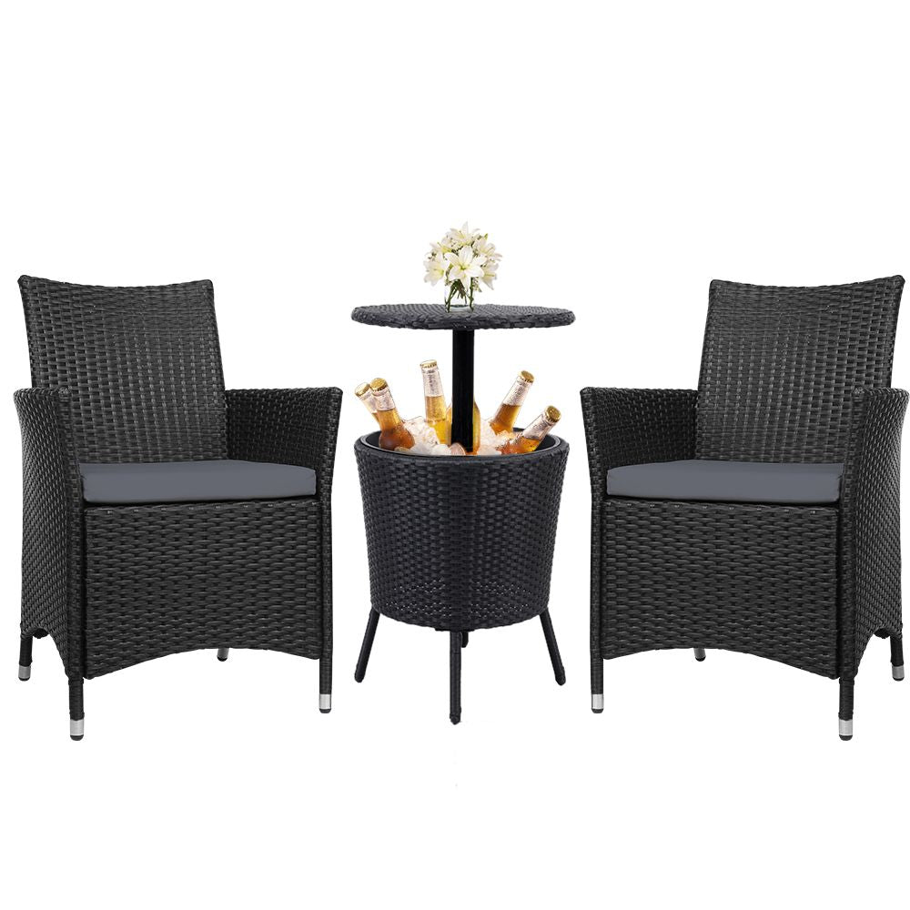 Gardeon Outdoor Furniture Wicker Chairs Bar Table Cooler Ice Bucket Patio Coffee Bistro Set