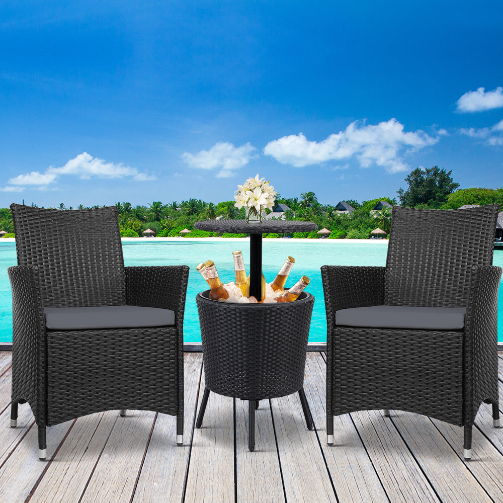 Gardeon Outdoor Furniture Wicker Chairs Bar Table Cooler Ice Bucket Patio Coffee Bistro Set
