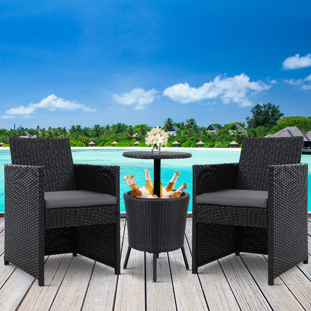 Gardeon Outdoor Furniture Wicker Chairs Bar Table Cooler Ice Bistro Set Bucket Patio Coffee