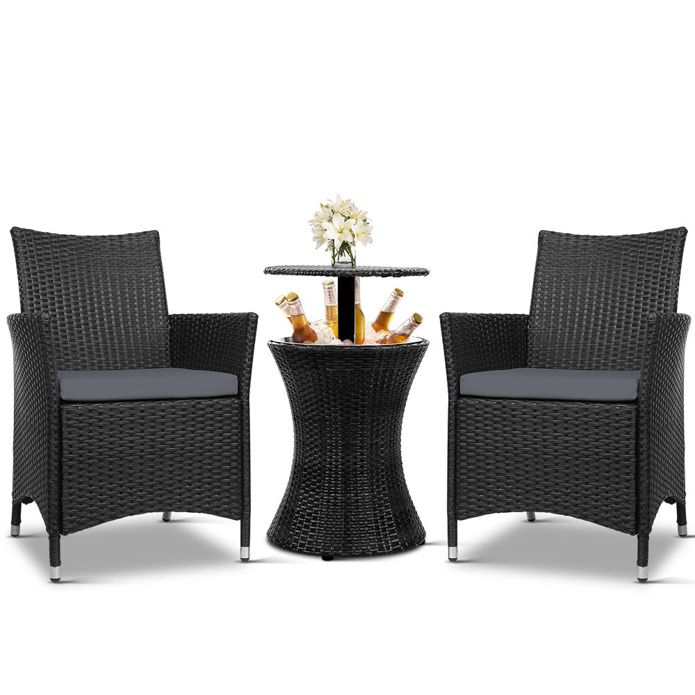 Gardeon Outdoor Furniture Wicker Chairs Bar Table Cooler Ice Bucket Patio Coffee Bistro Set