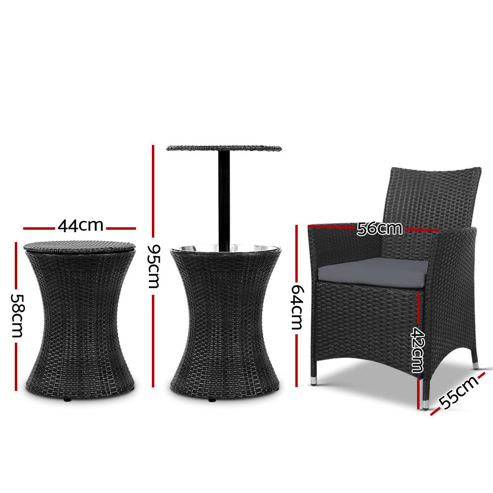 Gardeon Outdoor Furniture Wicker Chairs Bar Table Cooler Ice Bucket Patio Coffee Bistro Set