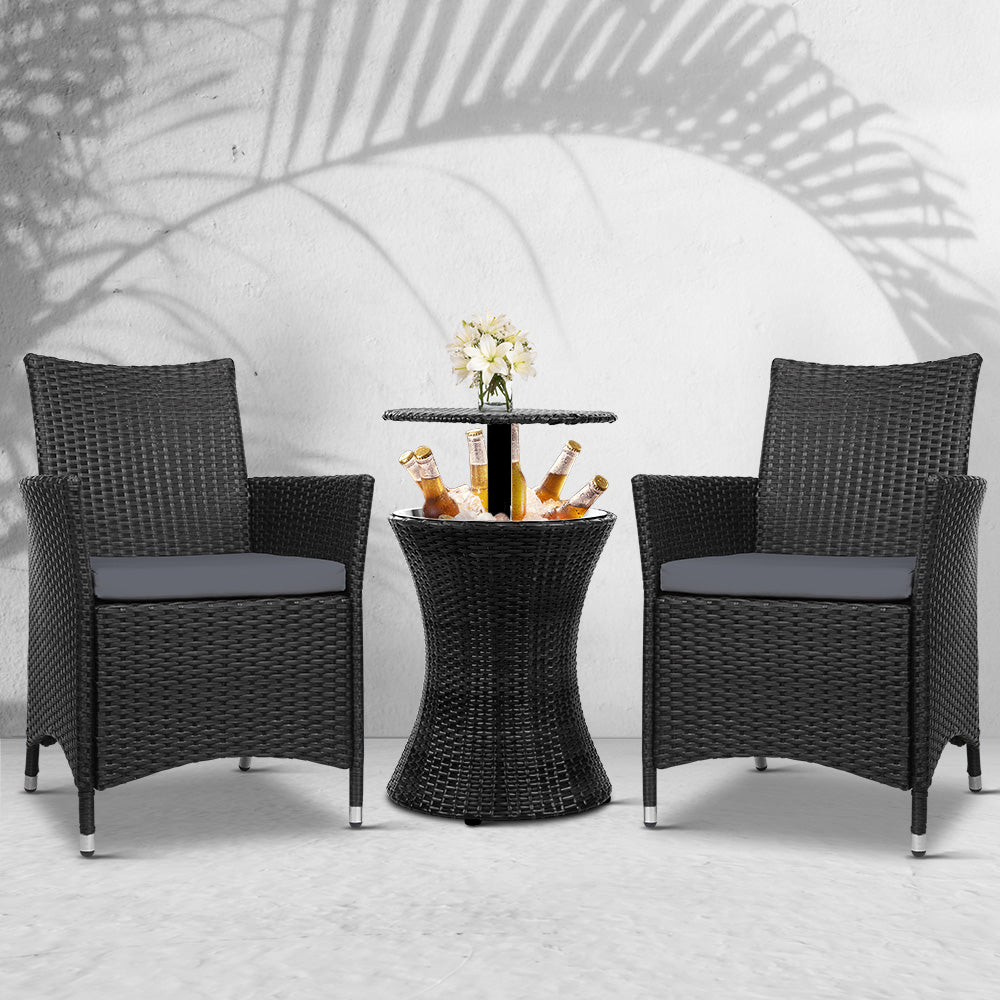 Gardeon Outdoor Furniture Wicker Chairs Bar Table Cooler Ice Bucket Patio Coffee Bistro Set
