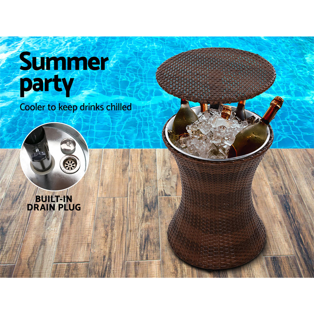 Outdoor Patio Pool Cooler Ice Bucket Rattan Bar Coffee Table Brown