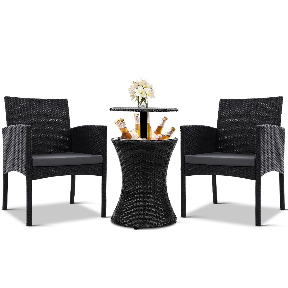 Gardeon Outdoor Furniture Wicker Chairs Bar Table Cooler Ice Bistro Set Bucket Patio Coffee