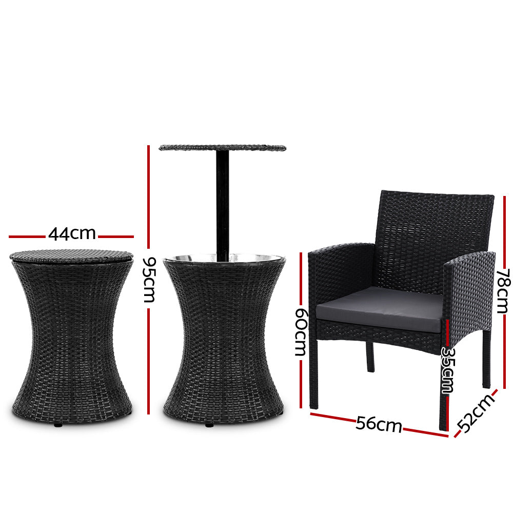 Gardeon Outdoor Furniture Wicker Chairs Bar Table Cooler Ice Bistro Set Bucket Patio Coffee