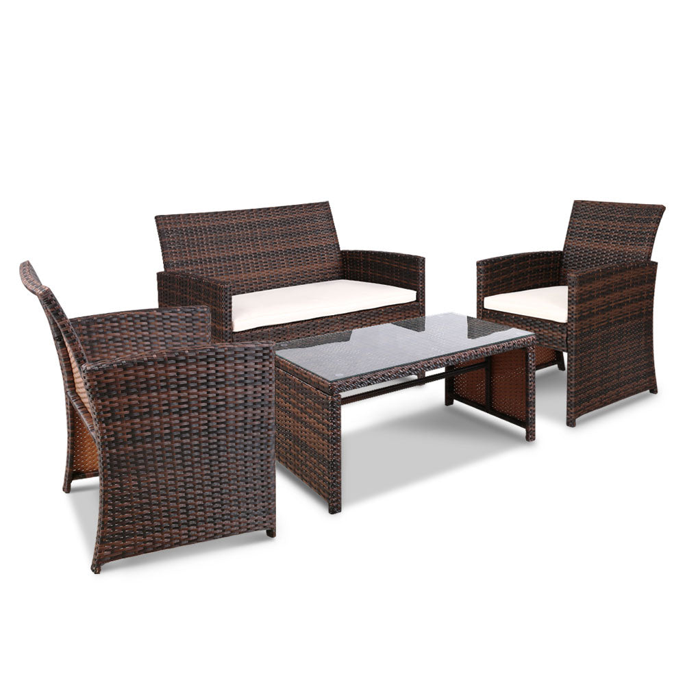 Gardeon Set of 4 Outdoor Wicker Chairs & Table - Brown