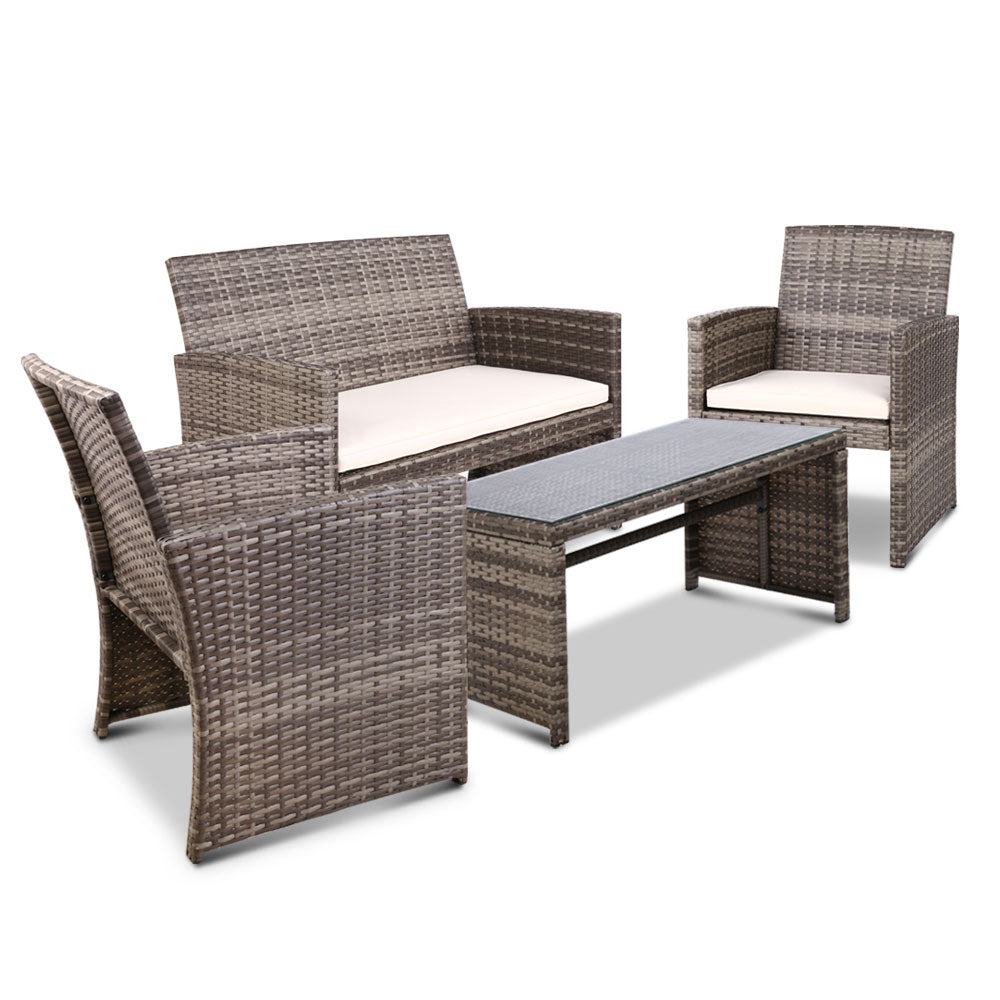 Gardeon Set of 4 Outdoor Wicker Chairs & Table - Grey