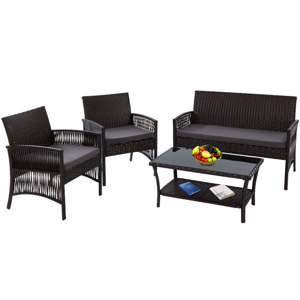 Gardeon Outdoor Furniture Rattan Set Wicker Cushion 4pc Black