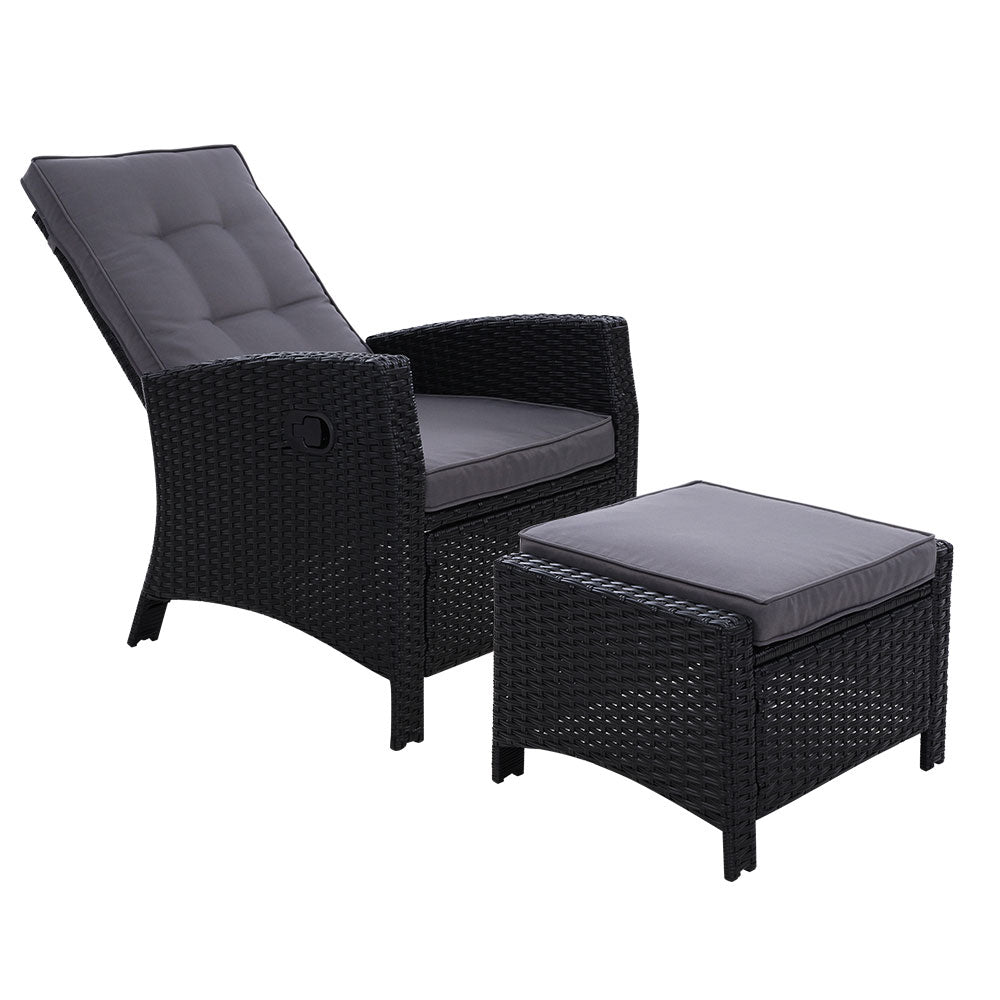 Gardeon Recliner Chair Sun lounge Wicker Outdoor Furniture Patio Garden Ottoman Black