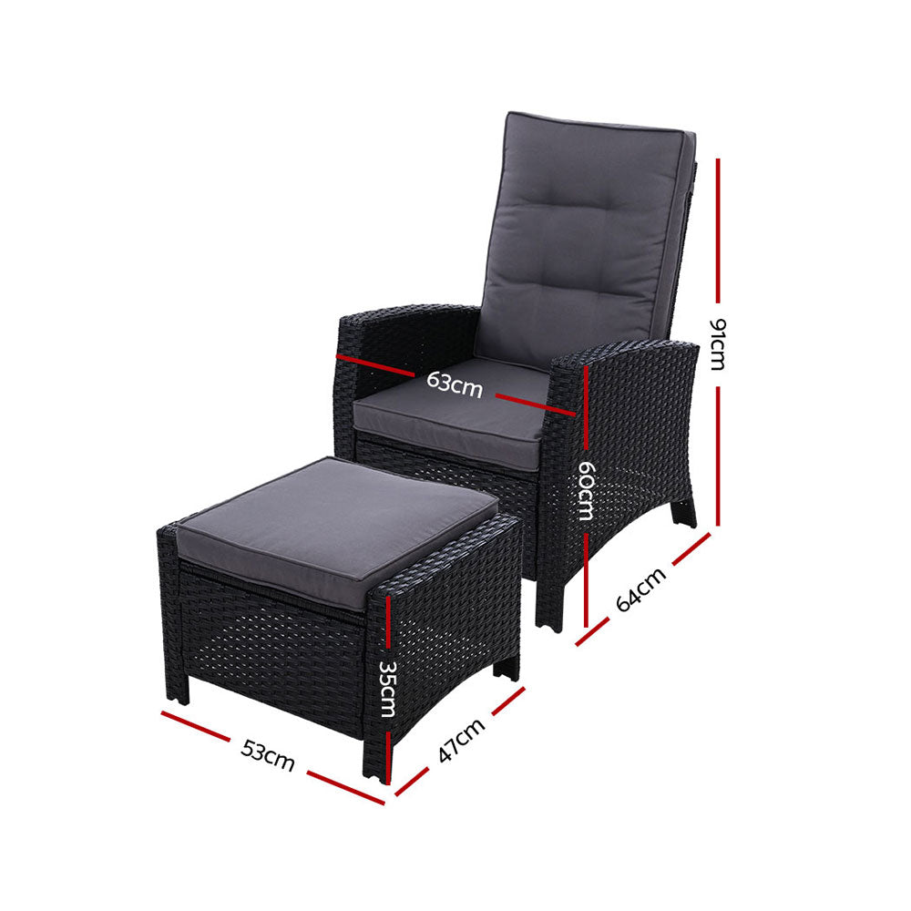 Sun lounge Recliner Chair Wicker Lounger Sofa Day Bed Outdoor Furniture Patio Garden Cushion Ottoman Black Gardeon