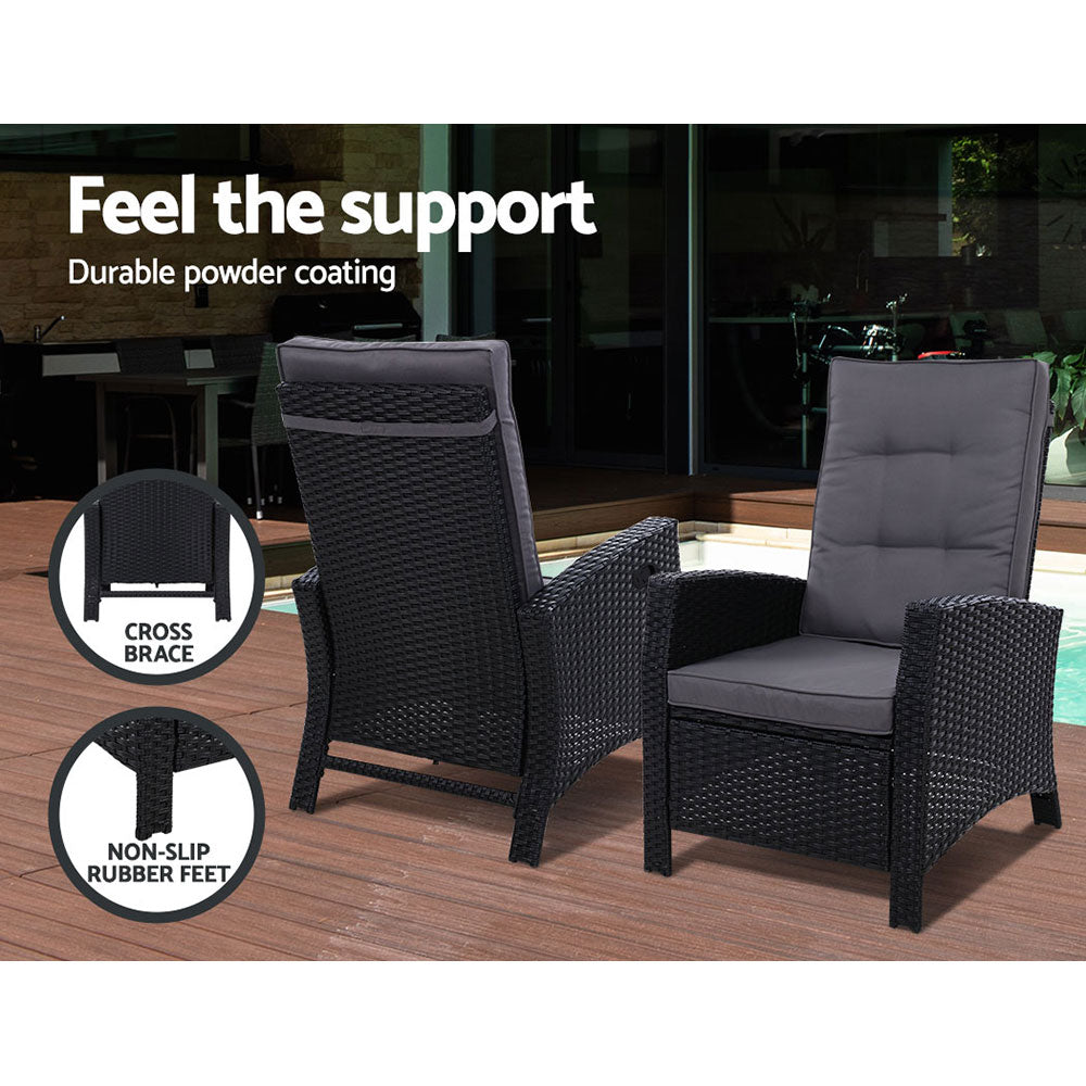 Sun lounge Recliner Chair Wicker Lounger Sofa Day Bed Outdoor Furniture Patio Garden Cushion Ottoman Black Gardeon