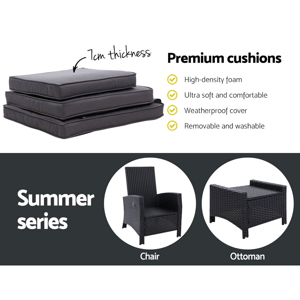 Sun lounge Recliner Chair Wicker Lounger Sofa Day Bed Outdoor Furniture Patio Garden Cushion Ottoman Black Gardeon