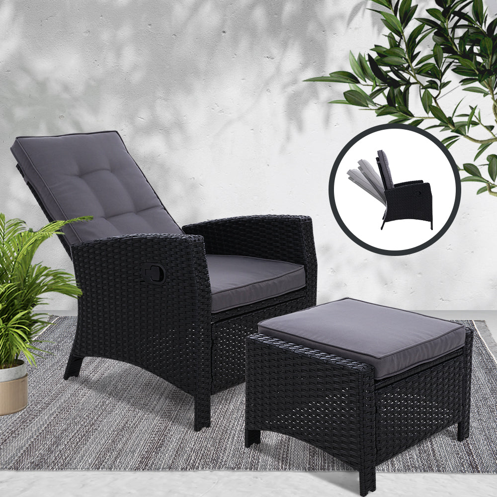 Sun lounge Recliner Chair Wicker Lounger Sofa Day Bed Outdoor Furniture Patio Garden Cushion Ottoman Black Gardeon
