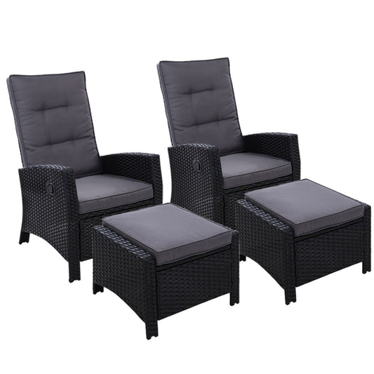 2PC Sun lounge Recliner Chair Wicker Outdoor Furniture Patio Garden Black