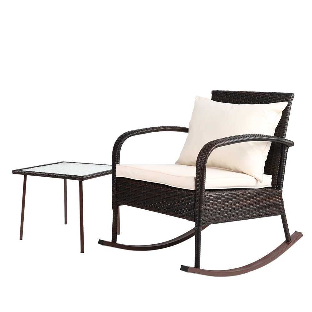 Gardeon Rocking Chairs Table Set Outdoor Setting Wicker Recliner Patio Furniture Brown