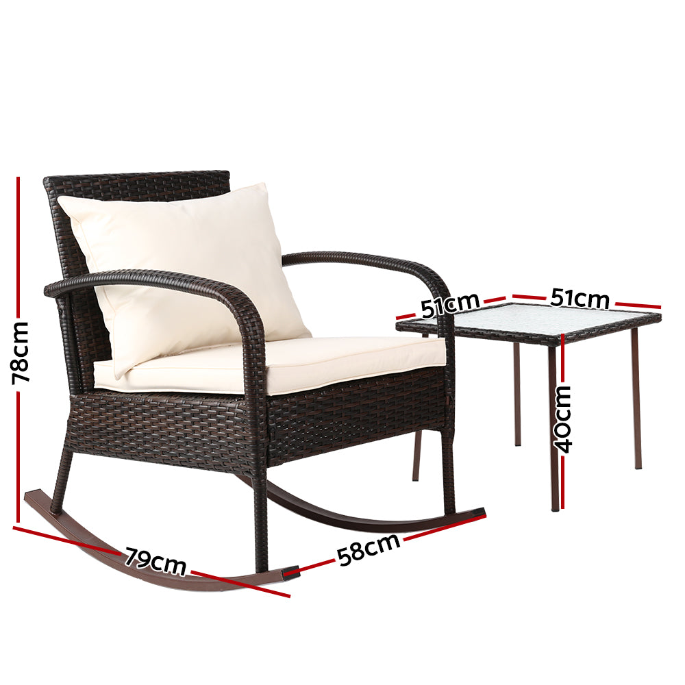 Gardeon Rocking Chairs Table Set Outdoor Setting Wicker Recliner Patio Furniture Brown