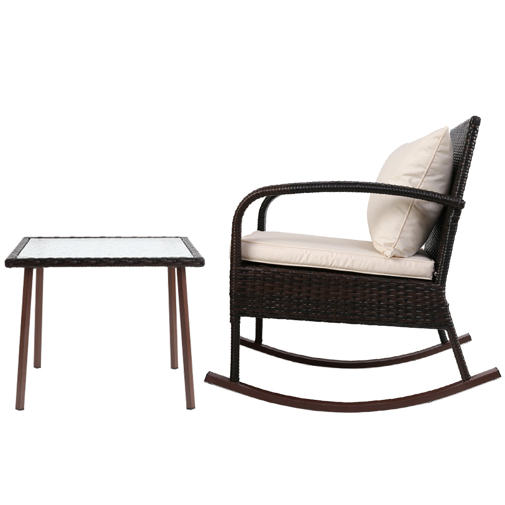 Gardeon Rocking Chairs Table Set Outdoor Setting Wicker Recliner Patio Furniture Brown