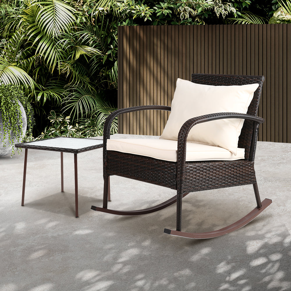 Gardeon Rocking Chairs Table Set Outdoor Setting Wicker Recliner Patio Furniture Brown