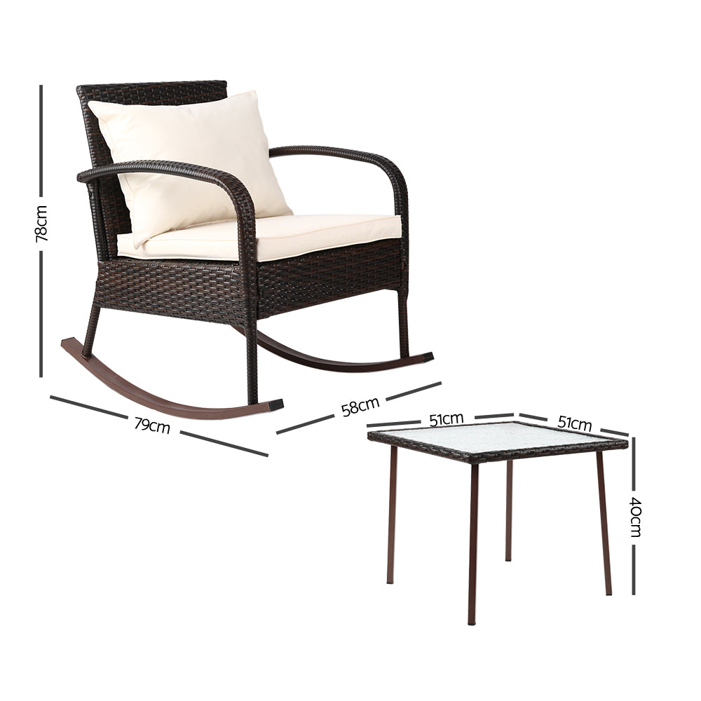 Gardeon 3 Piece Outdoor Chair Rocking Set - Brown