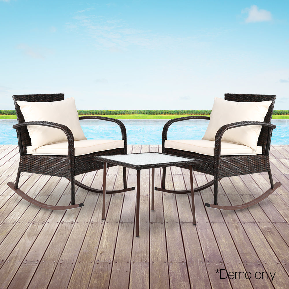 Gardeon 3 Piece Outdoor Chair Rocking Set - Brown