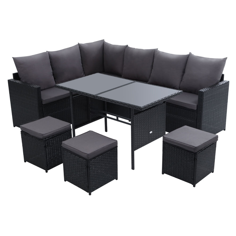 Gardeon Outdoor Furniture Dining Setting Sofa Set Lounge Wicker 9 Seater Black