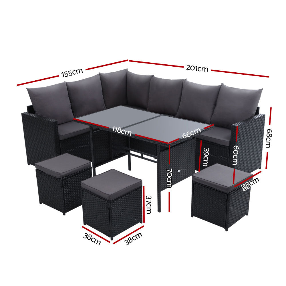 Gardeon Outdoor Furniture Dining Setting Sofa Set Wicker 9 Seater Storage Cover Black