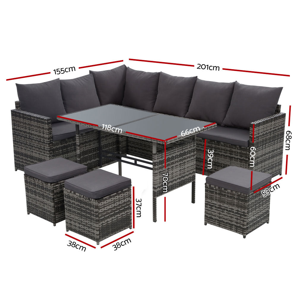 Gardeon Outdoor Furniture Dining Setting Sofa Set Lounge Wicker 9 Seater Mixed Grey