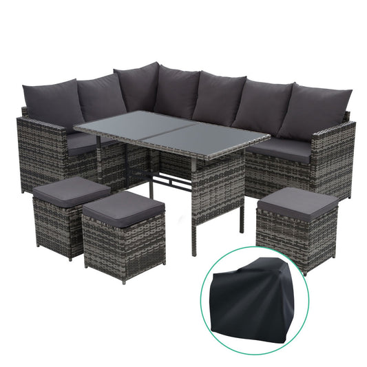 Gardeon Outdoor Furniture Dining Setting Sofa Set Wicker 9 Seater Storage Cover Mixed Grey
