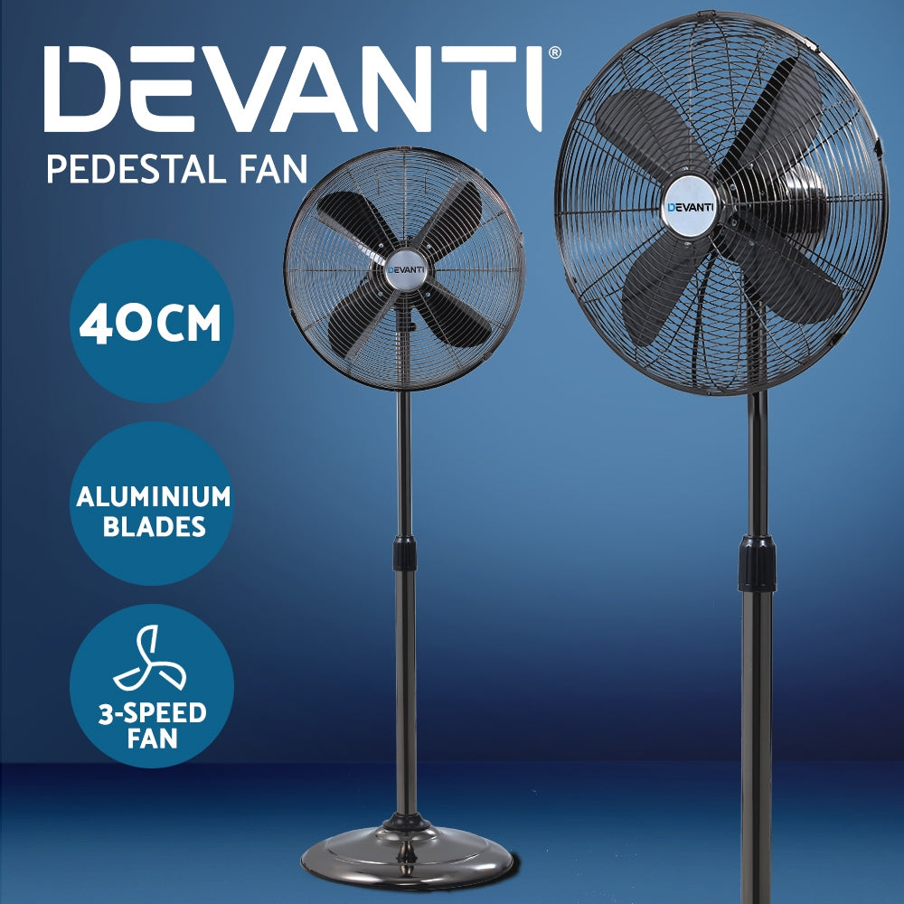 Devanti Metal Pedestal Fan Vintage Portable Fans Oscillating Tilt Chrome 3 Speed Black