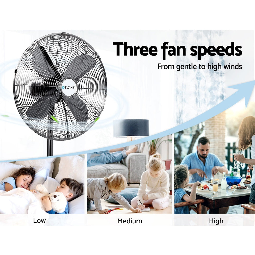 Devanti Metal Pedestal Fan Vintage Portable Fans Oscillating Tilt Chrome 3 Speed Black
