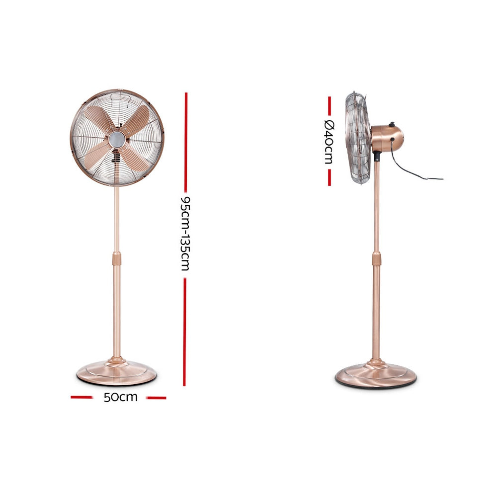 Devanti Metal Pedestal Fan Vintage Portable Fans Oscillating Tilt Chrome 3 Speed Copper
