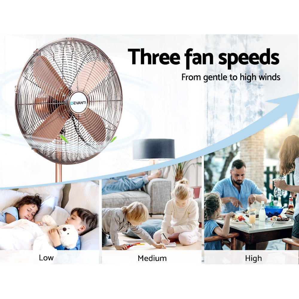 Devanti Metal Pedestal Fan Vintage Portable Fans Oscillating Tilt Chrome 3 Speed Copper