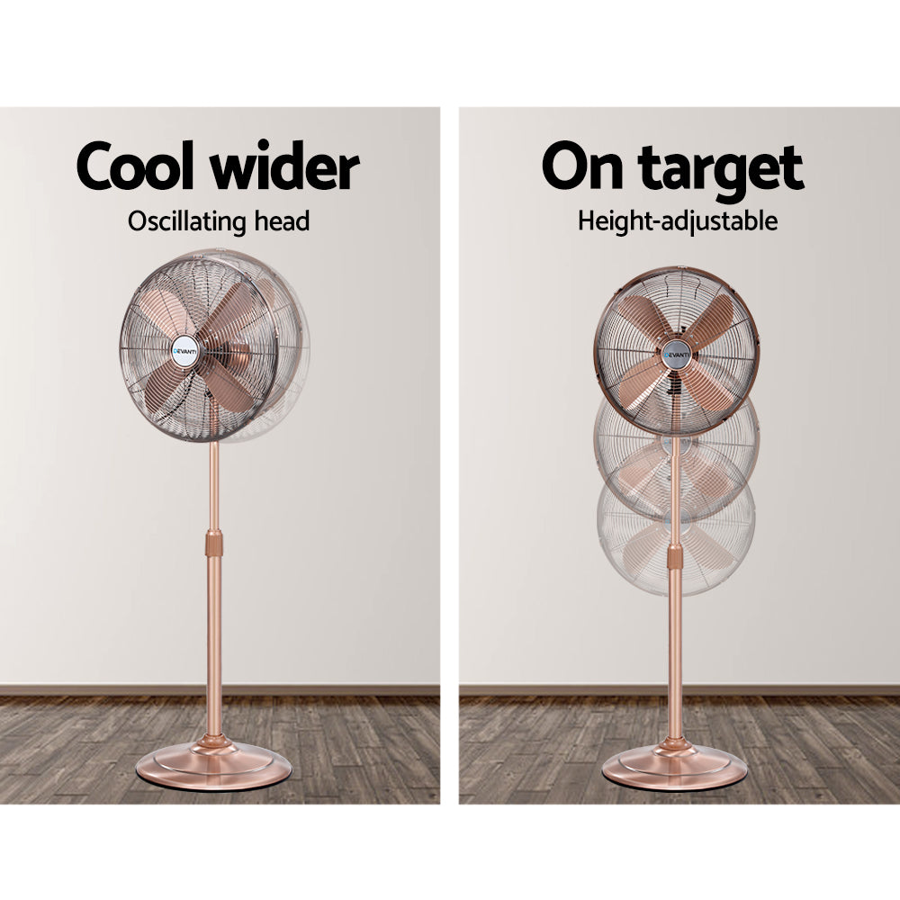 Devanti Metal Pedestal Fan Vintage Portable Fans Oscillating Tilt Chrome 3 Speed Copper
