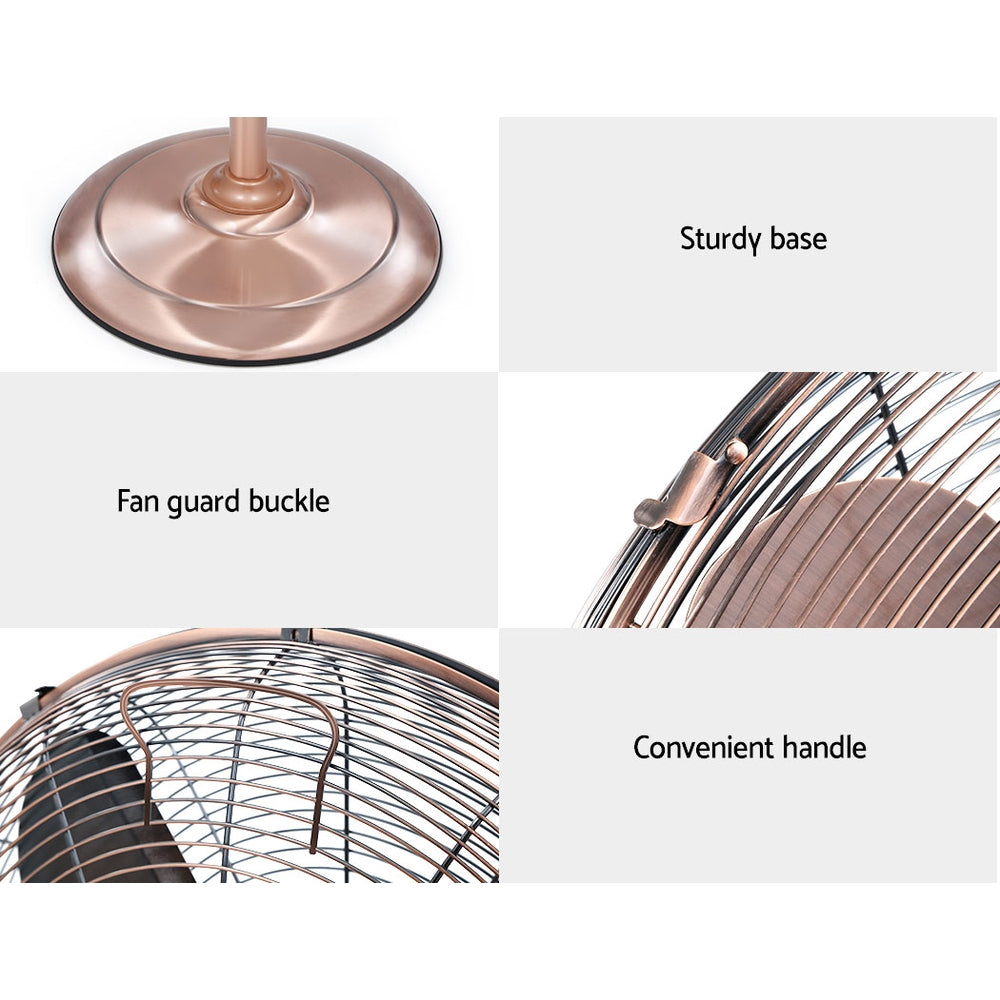 Devanti Metal Pedestal Fan Vintage Portable Fans Oscillating Tilt Chrome 3 Speed Copper