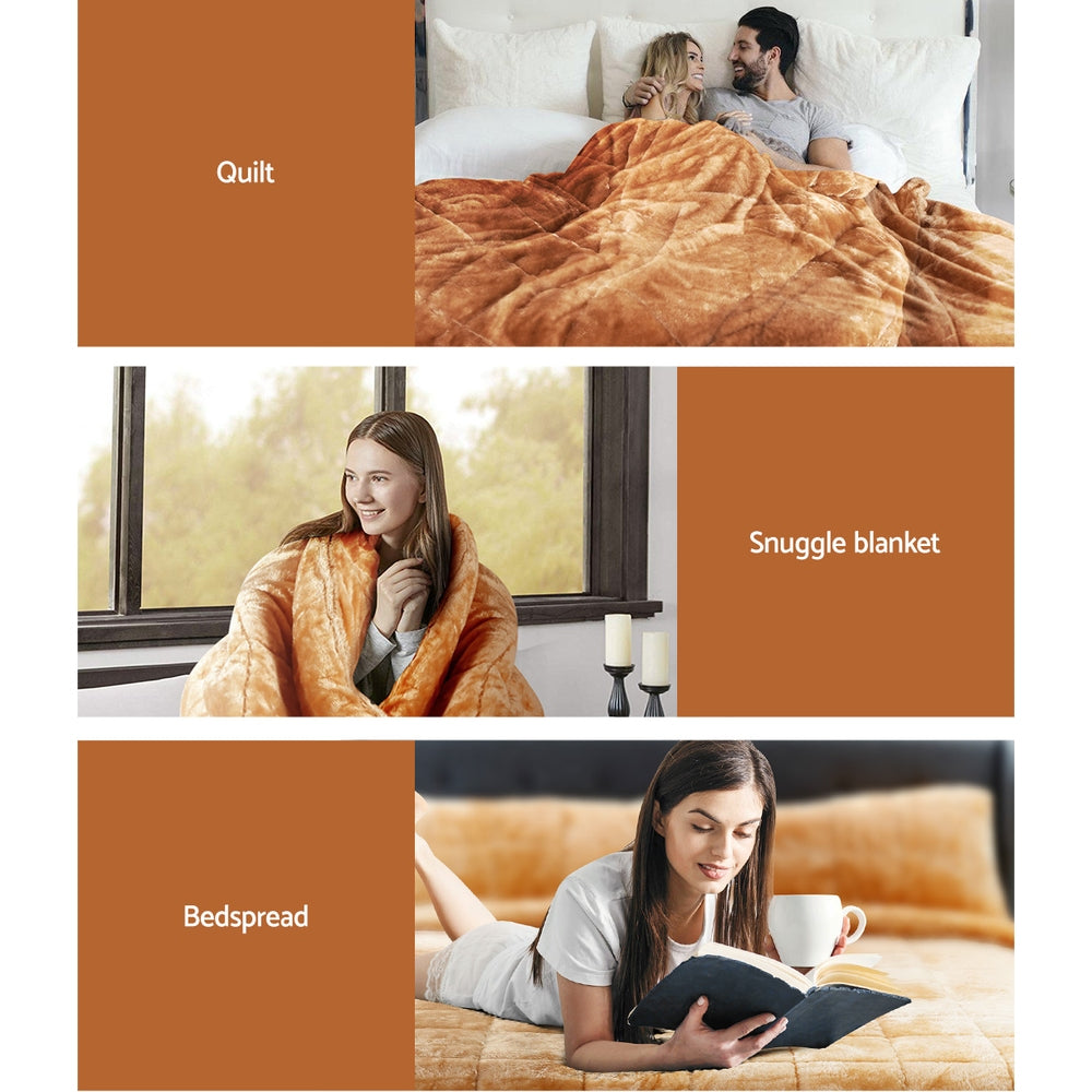 Giselle Bedding Faux Mink Quilt Comforter Winter Weight Blanket Latte Queen