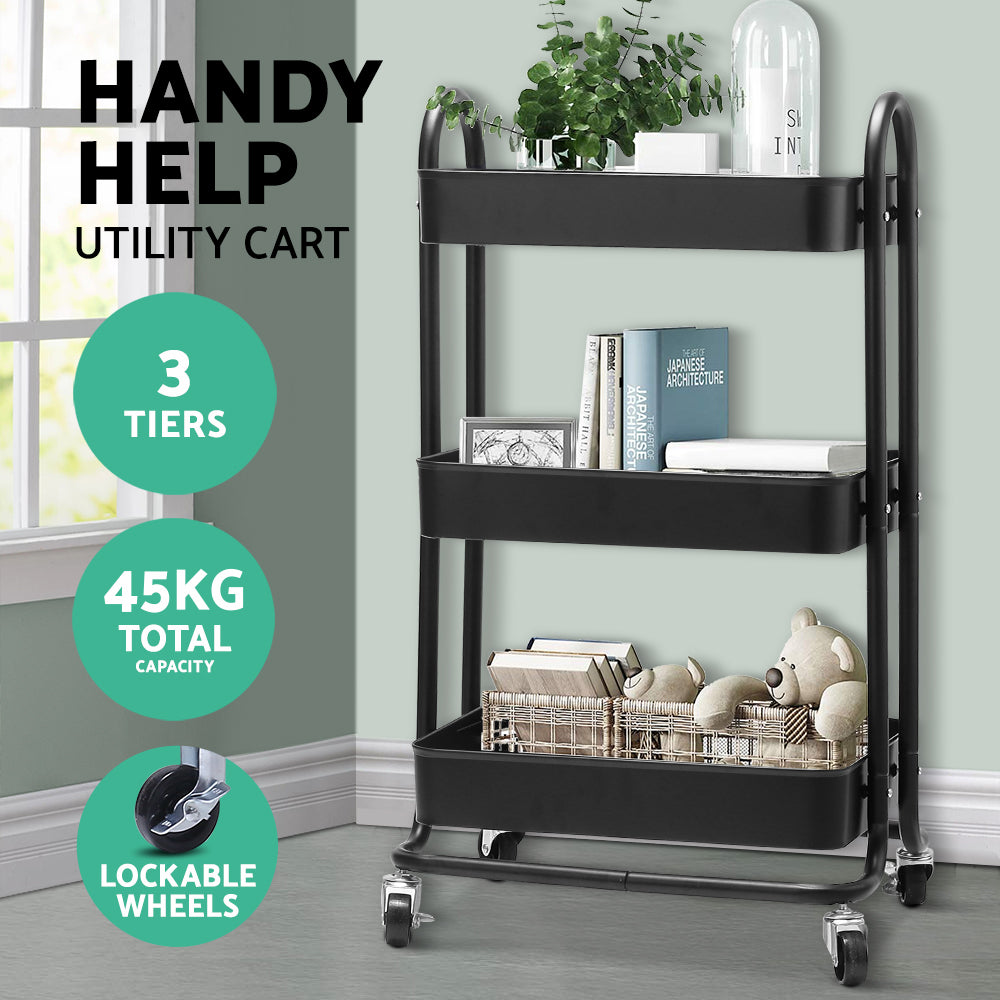 Artiss 3 Tier Kitchen Trolley Storage Cart Portable Rolling Rack Shelf Wheels