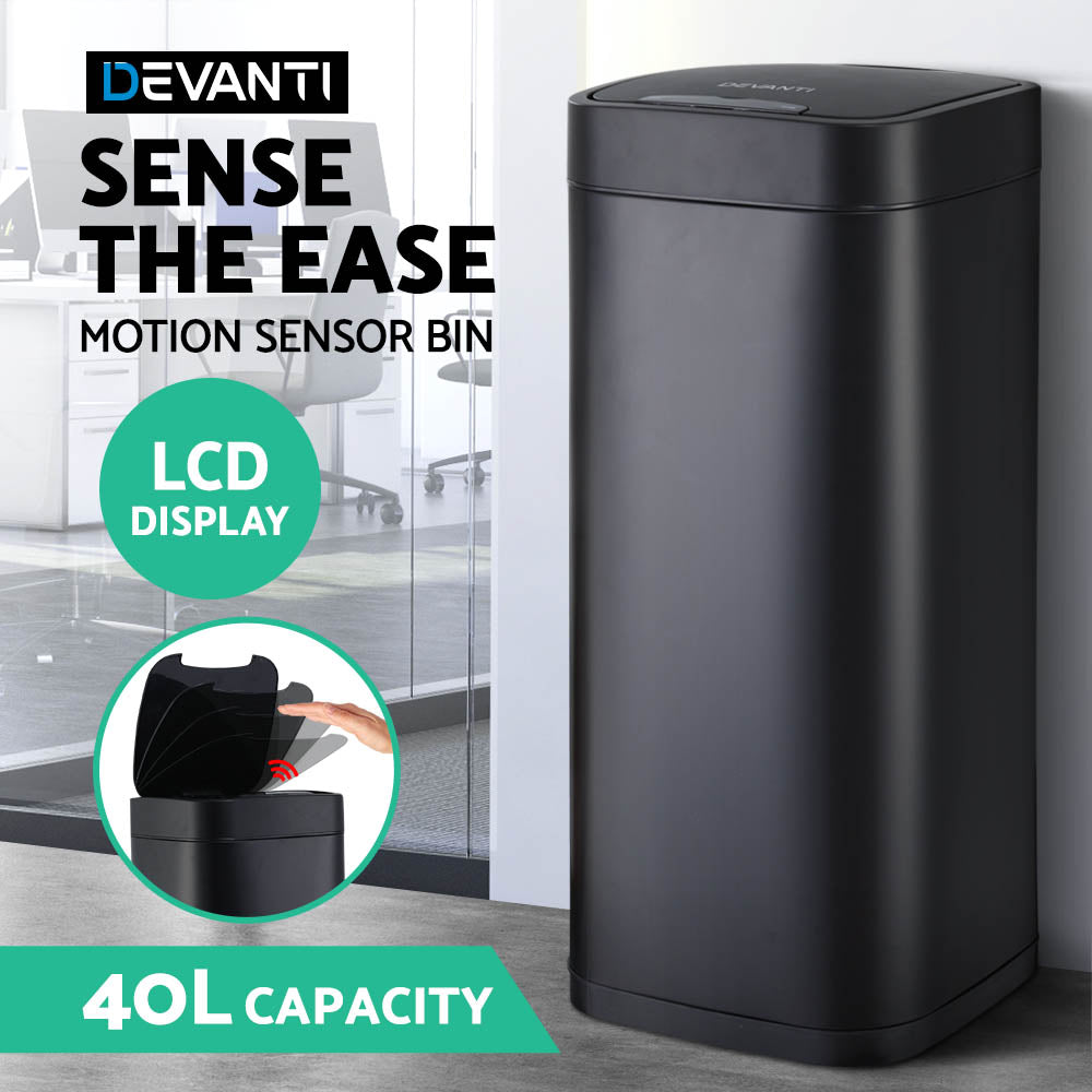Devanti 40L LCD Stainless Steel Sensor Bin Black