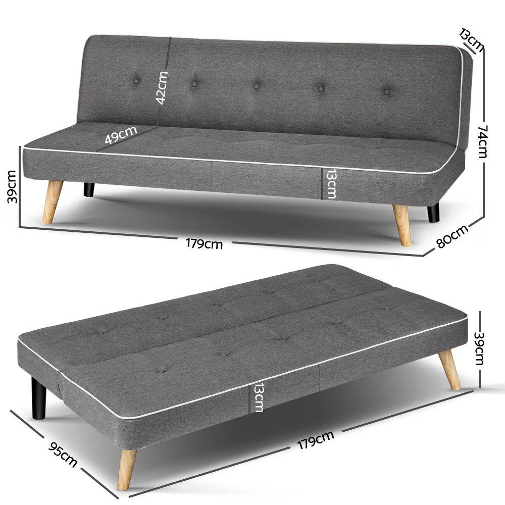 3 Seater Fabric Sofa Bed - Grey