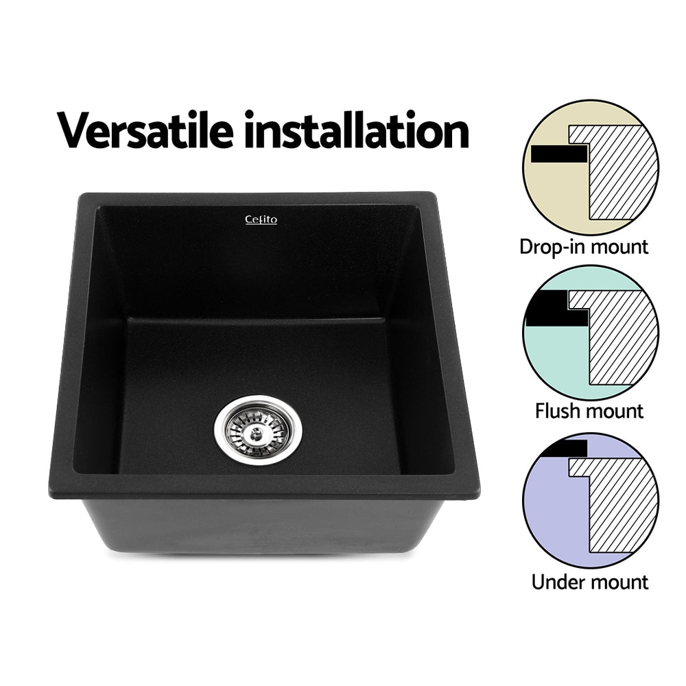 Cefito Stone Kitchen Sink 450X450MM Granite Under/Topmount Basin Bowl Laundry Black