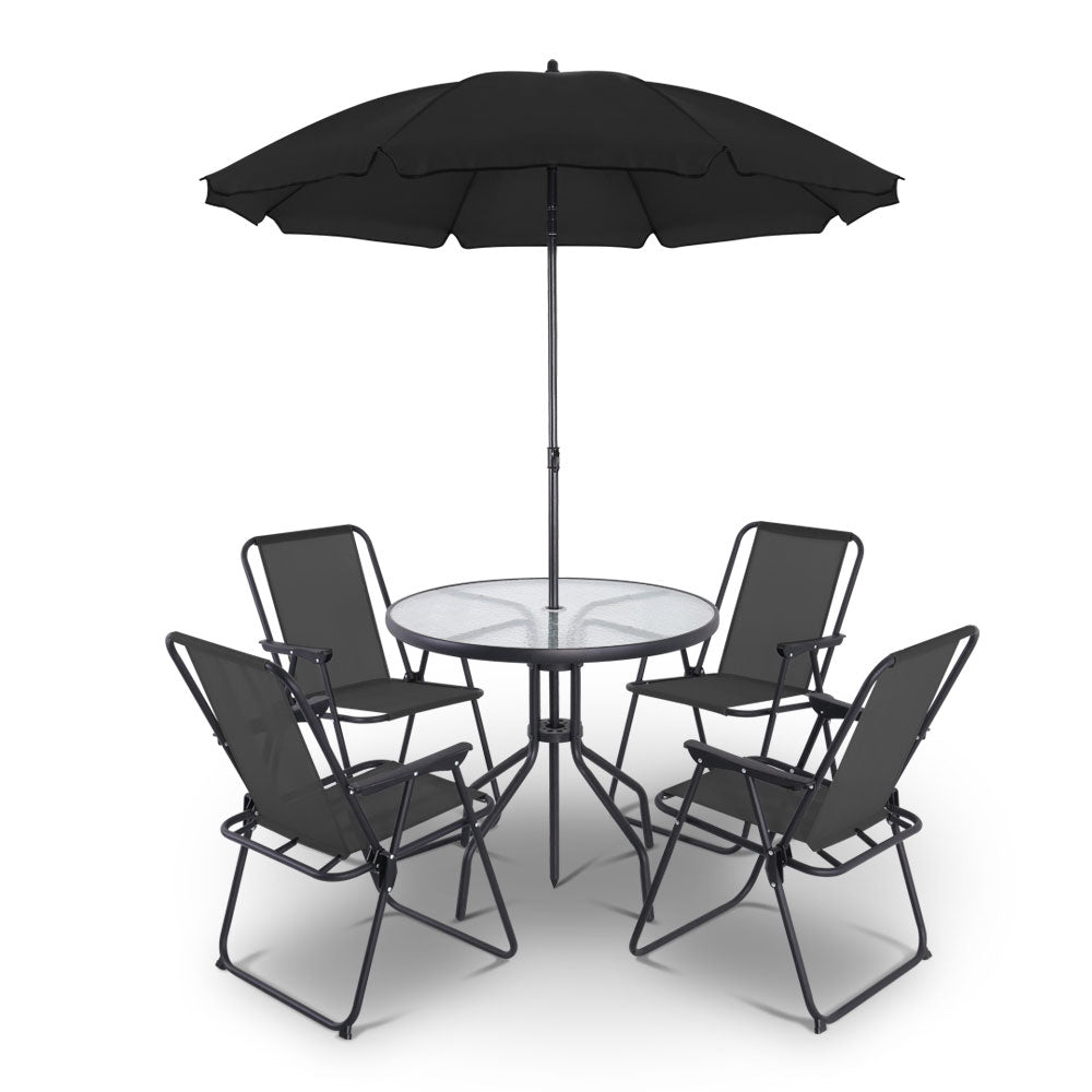Gardeon 6 Piece Round Outdoor Dining Set - Black