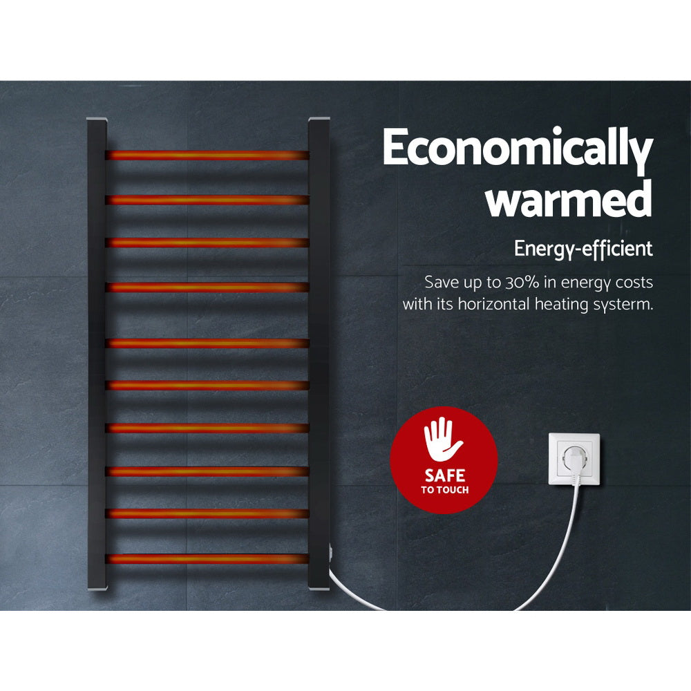 DEVANTI Electric Heated Ladder Towel Rails Bathroom Dryer Clothes Warmer 10 Racks Round Bars Black Rungs