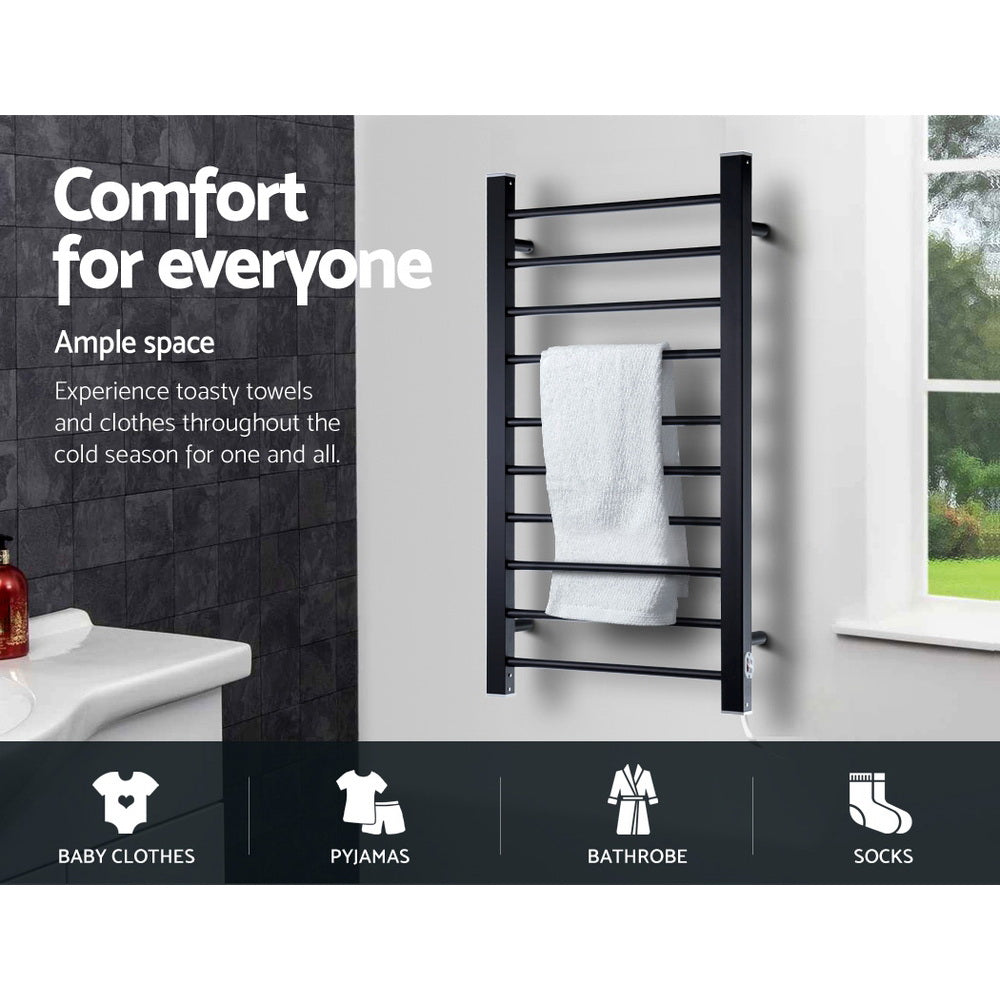 DEVANTI Electric Heated Ladder Towel Rails Bathroom Dryer Clothes Warmer 10 Racks Round Bars Black Rungs