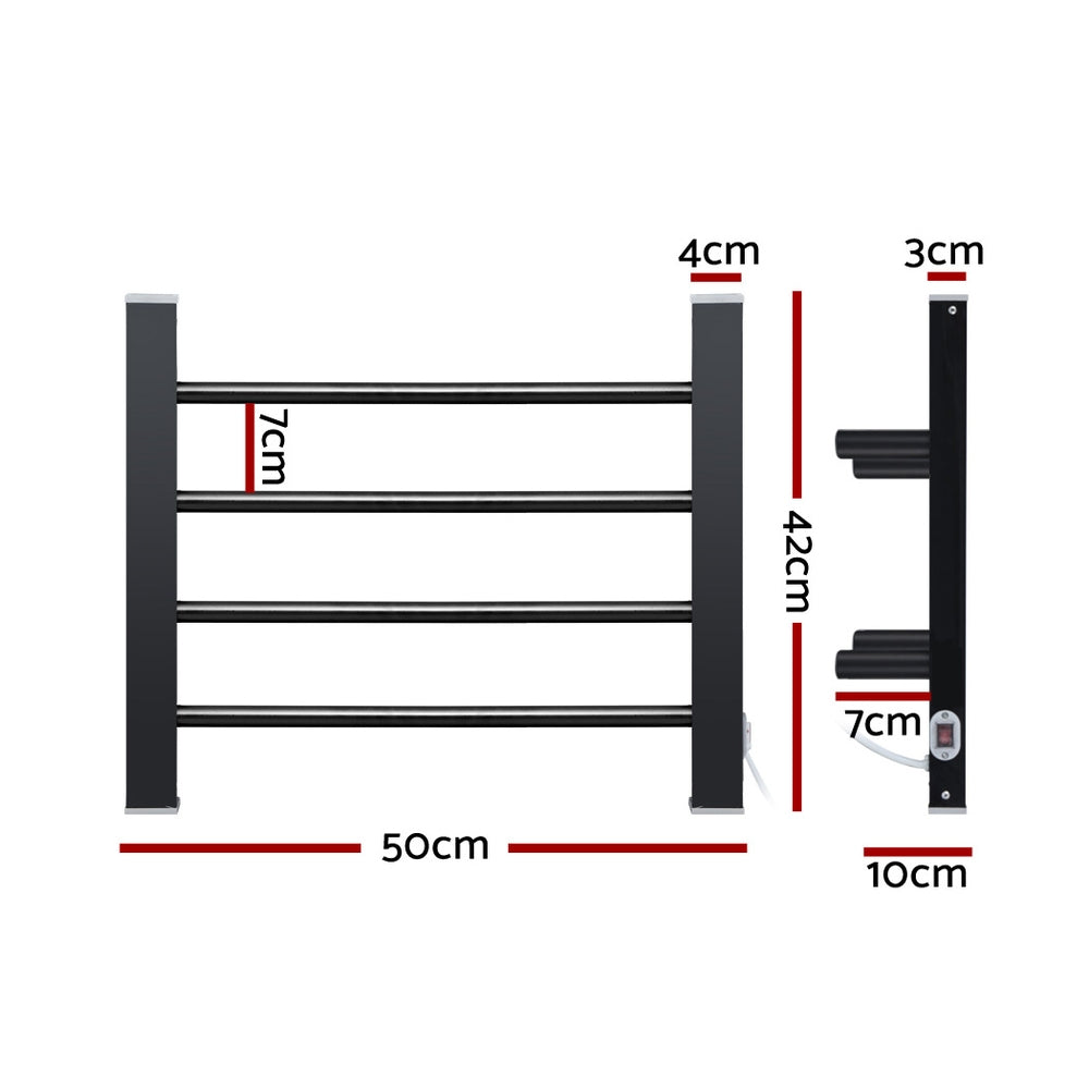 DEVANTI Electric Heated Ladder Towel Rails Bathroom Dryer Clothes Warmer 4 Racks Round Bars Black Rungs