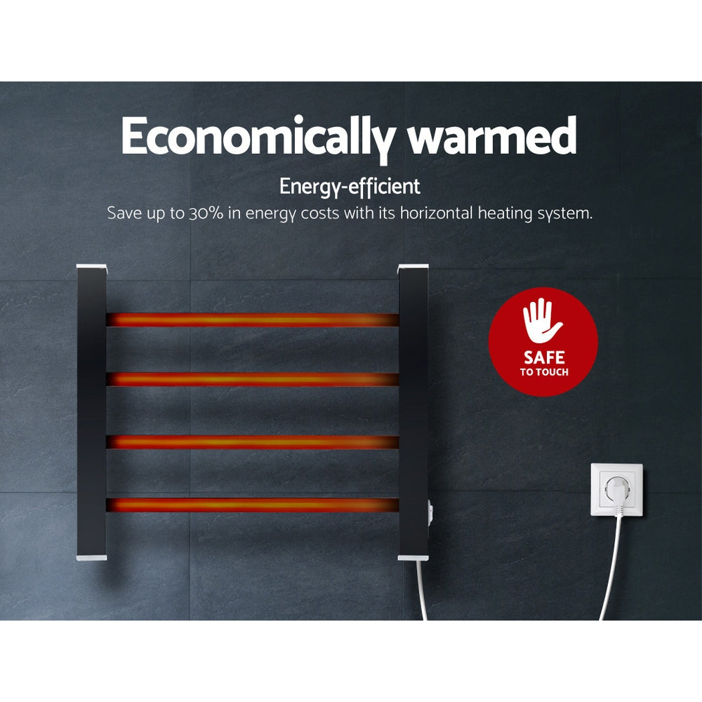 DEVANTI Electric Heated Ladder Towel Rails Bathroom Dryer Clothes Warmer 4 Racks Round Bars Black Rungs