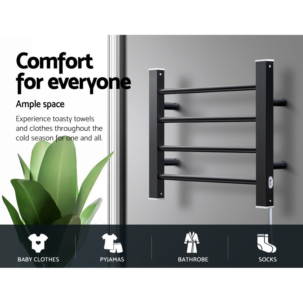 DEVANTI Electric Heated Ladder Towel Rails Bathroom Dryer Clothes Warmer 4 Racks Round Bars Black Rungs