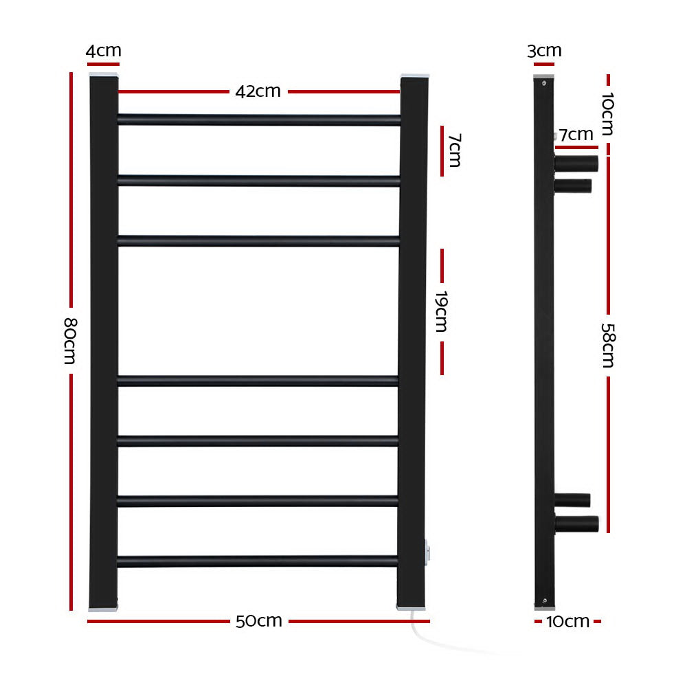 DEVANTI Electric Heated Ladder Towel Rails Bathroom Dryer Clothes Warmer 7 Racks Round Bars Black Rungs