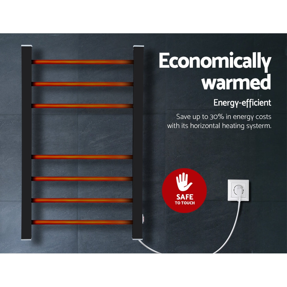DEVANTI Electric Heated Ladder Towel Rails Bathroom Dryer Clothes Warmer 7 Racks Round Bars Black Rungs
