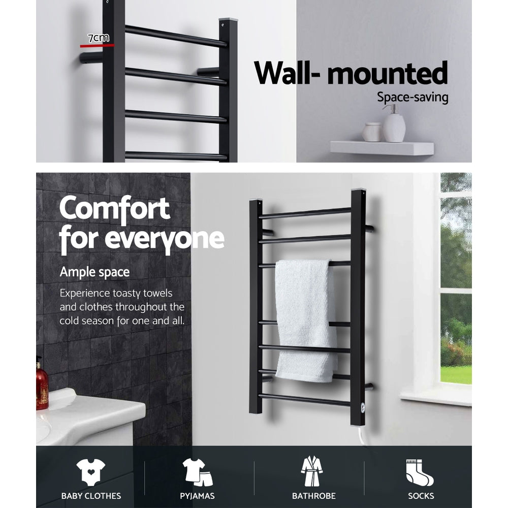 DEVANTI Electric Heated Ladder Towel Rails Bathroom Dryer Clothes Warmer 7 Racks Round Bars Black Rungs