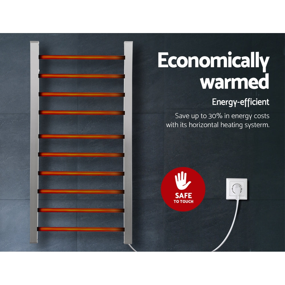 DEVANTI Electric Heated Ladder Towel Rails Bathroom Dryer Clothes Warmer 10 Racks Round Bars Rungs
