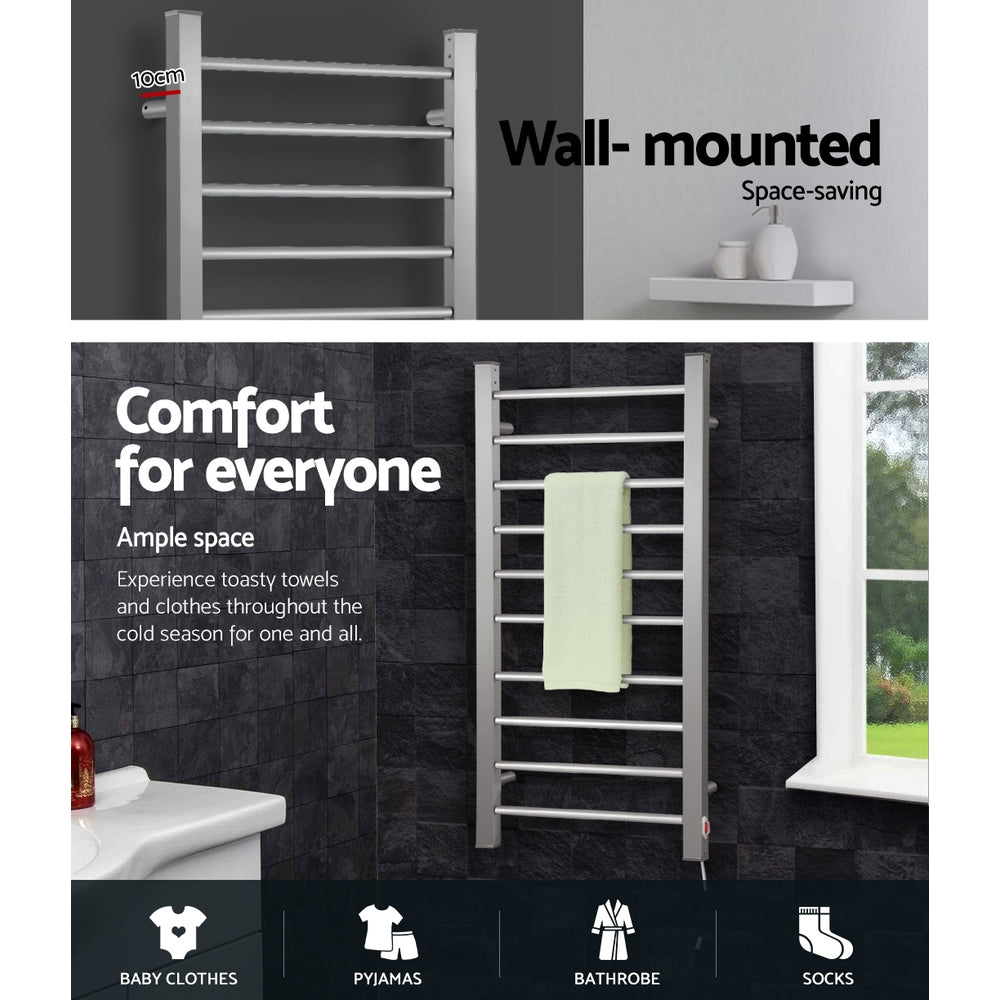 DEVANTI Electric Heated Ladder Towel Rails Bathroom Dryer Clothes Warmer 10 Racks Round Bars Rungs